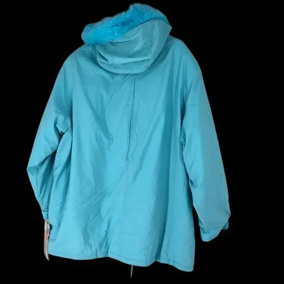 NWT Women’s Plus SZ 2X Light Blue Puffer Coat with Fur Trimmed Hood, Super Soft - Picture 2 of 12